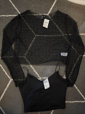Windsor Black Beaded Sheer Long-Sleeve Crop with Black Cami